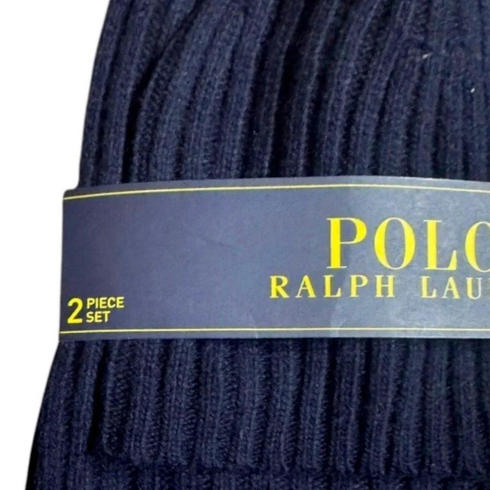 POLO RALPH LAUREN Navy Rib Knit Hat & Scarf Set with Red Embroidered Pony NWT